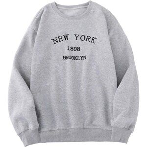 ⚡Women Grey New York 1898 Imported Graphic Crewneck Long Sleeve Sweatshirt